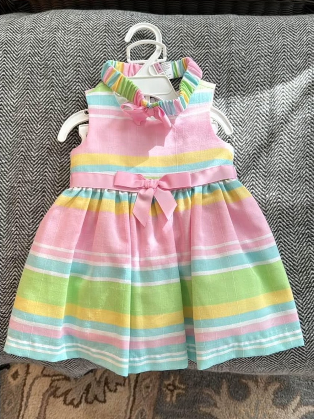 Bonnie Baby Pastel Pink, Green, Yellow & Blue Striped Sleeveless Dress with Bow